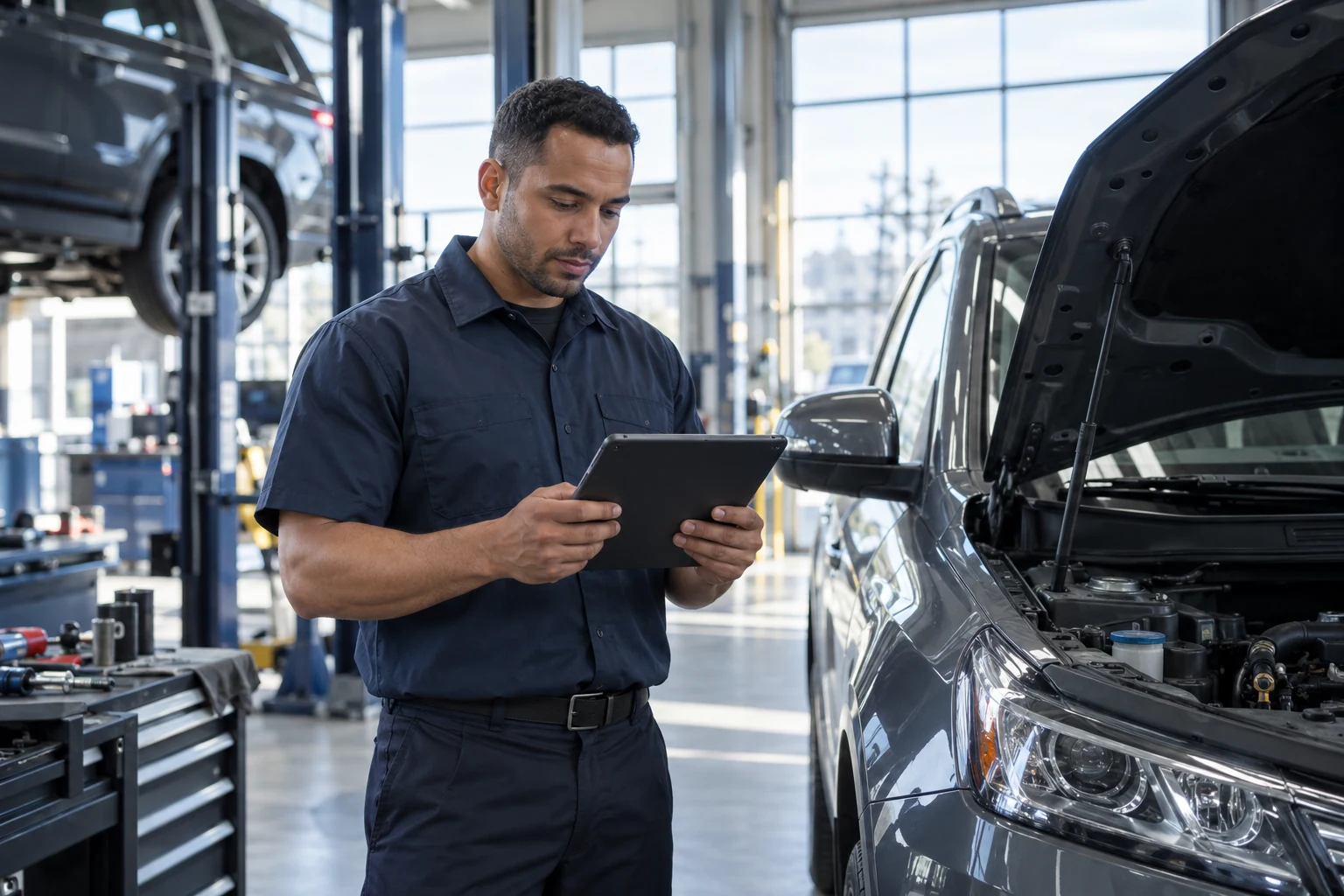 Automotive service technician working in a dealership workshop